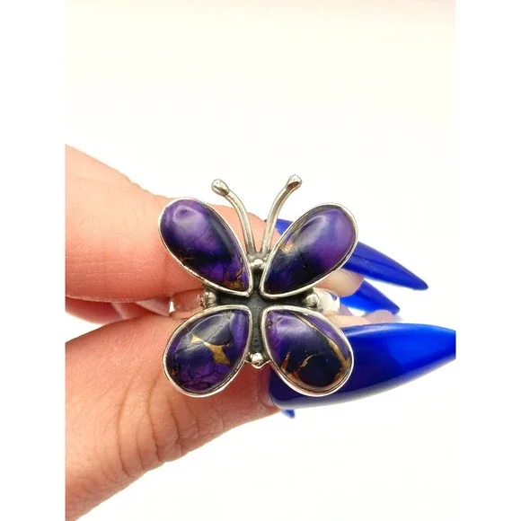 Purple Dahlia Kingman Turquoise Butterfly Sterling Silver Handmade Ring‎ Size 9